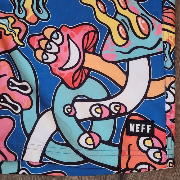 Neff Swim Trunks Shorts Mens Large Psychedelic Mushroom Print Drawstring Pocket - Picture 4 of 13